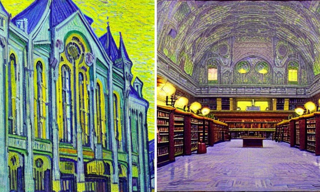 Collage of images generated with the Stable Diffusion model and prompt &quot;Suzzallo Library in the style of Vincent van Gogh&quot;